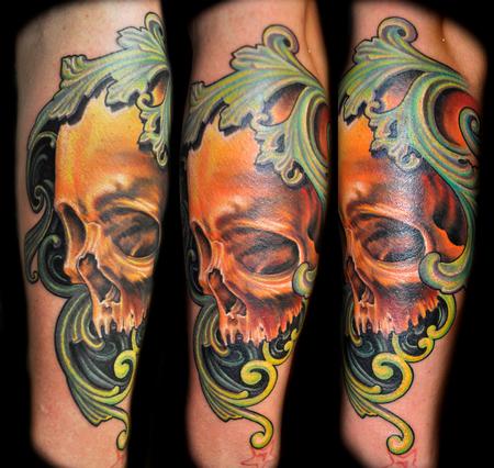 Tattoos - Realistic Color Skull Tattoo with Filigree  - 73911